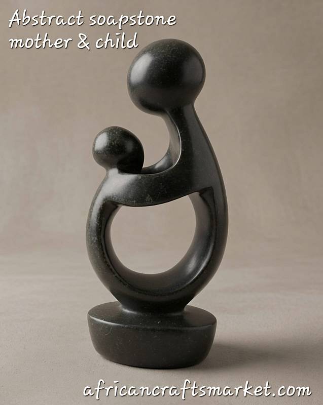 Hand-carved abstract stone sculpture of an embracing mother and child, featuring smooth, sweeping curves that symbolize maternal love