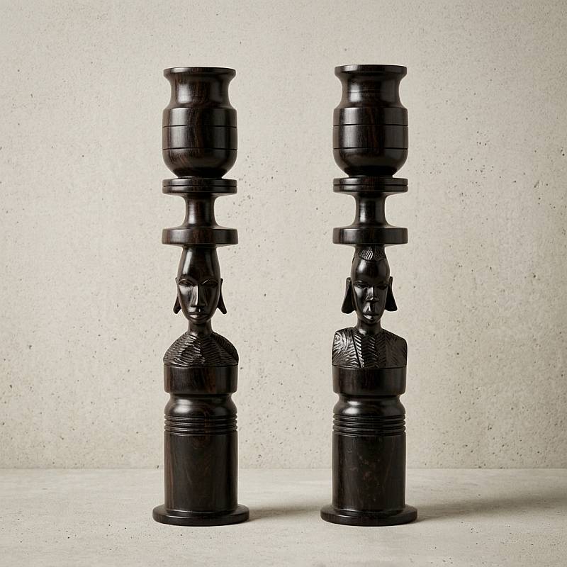 Hand-carved African Masai face ebony candle holder crafted from genuine ebony wood