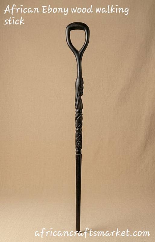African ebony wood woman face hand-carved walking cane