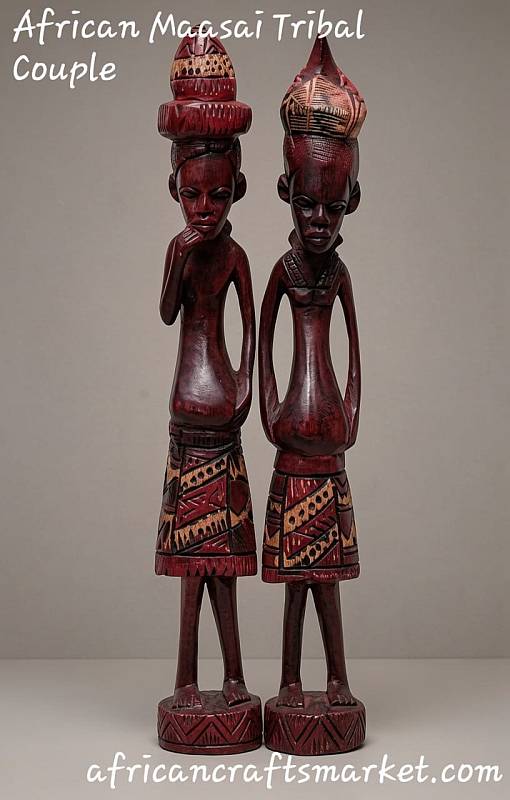 Handcrafted African Maasai couple wood carving African hand-carved wooden Maasai tribal couple sculpture
