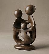 Minimalist abstract parents and one child sculpture carved from rich brown African stone, symbolizing family unity and protection