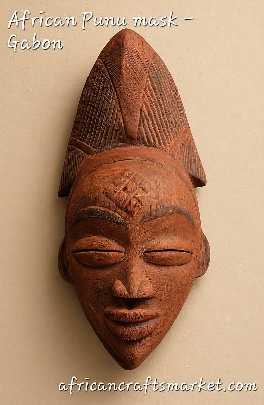 Traditional African Punu spirit mask from Gabon with brown kaolin face, half-closed eyes, and high braided coiffure.