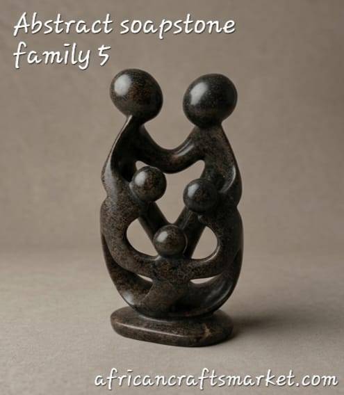 Hand-carved African soapstone abstract sculpture representing a family of 5 with smooth, interlocking figures in a natural color of the stone