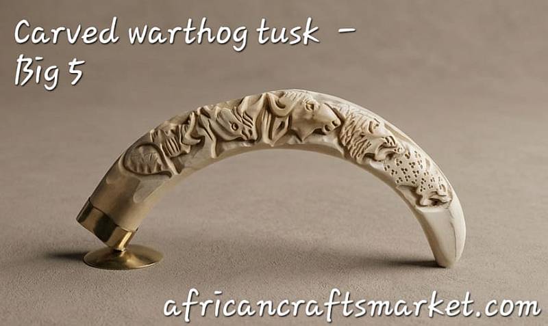 Masterfully hand-carved genuine warthog tusk sculpture featuring a seamless relief carving of the complete African Big 5 wildlife animals.