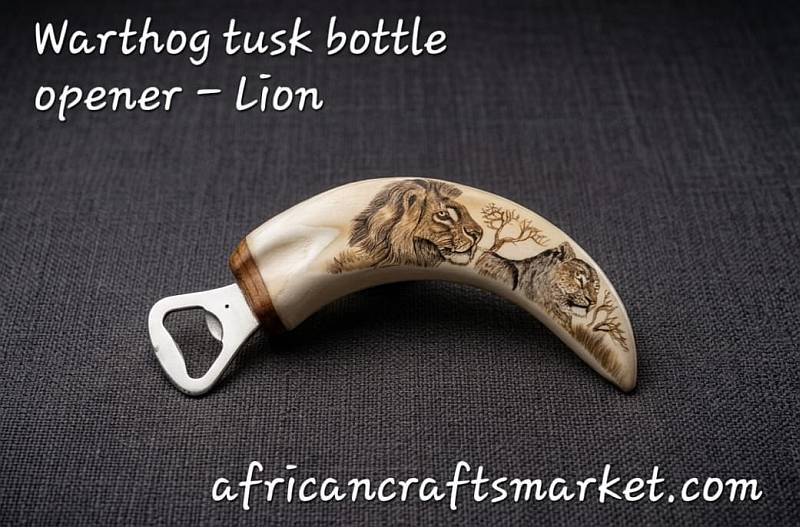 Warthog tusks bottle openers - lions Intricate black ink scrimshaw artwork of a majestic male lion head etched onto a polished genuine warthog tusk bottle opener handle