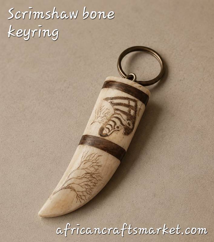 Authentic South African handcrafted bone keyring showcasing traditional wildlife scrimshaw engraving