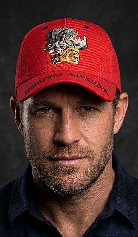 red South African cap with an intricate embroidery design of the Big Five wildlife heads on the crown and 'SOUTH AFRICA' stitched onto the peak.