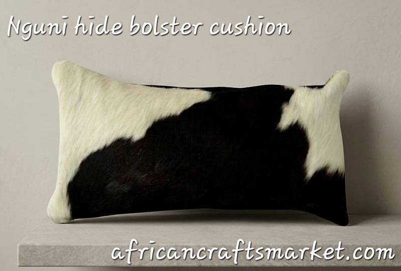 Black and white Nguni cow hide bolster cushion Nguni cow hide bolster cushion - black and white