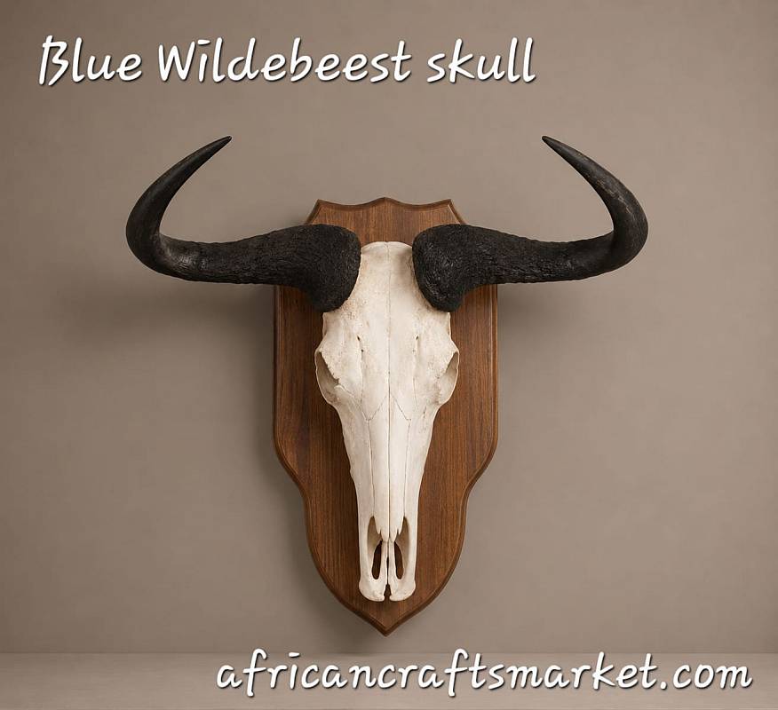 African Blue Wildebeest skull on shield