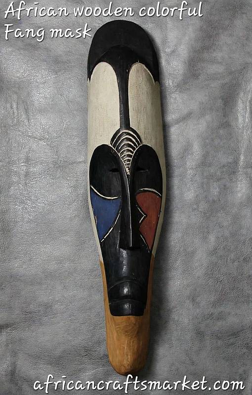 Colourful long Fang wooden mask with hand-carved facial features