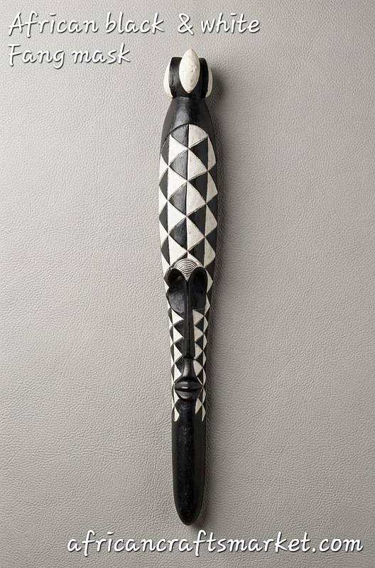 Long black and white geometric Fang mask with elongated wooden face