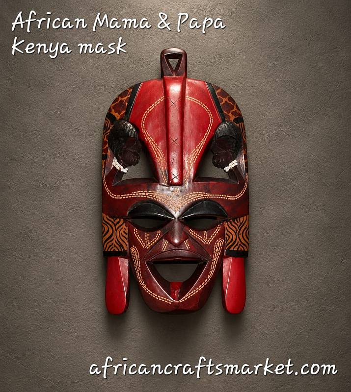 Painted Maasai wooden African mask from Kenya
