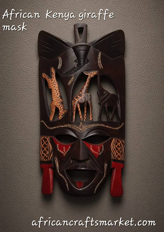 Maasai-style wooden mask decorated with carved giraffe figures