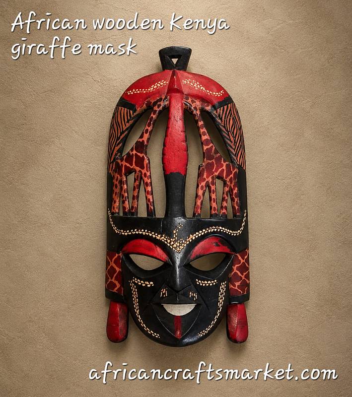 Carved giraffe-decorated Maasai-style mask from Kenya