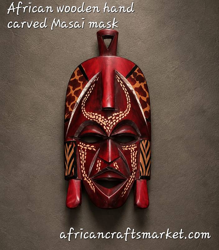 Red and black Maasai Mare wooden mask from Kenya