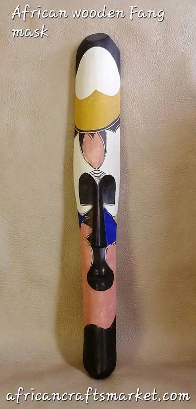 arrow colourful Fang wooden mask with blue, yellow and pink decoration