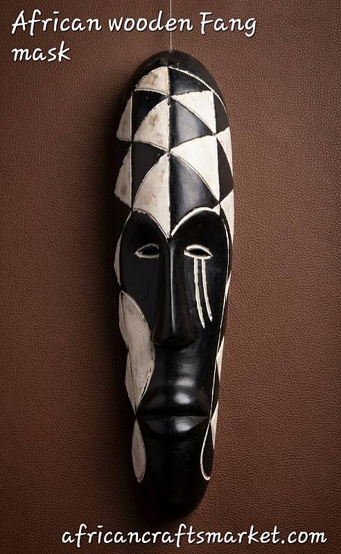 White and black geometric Fang wooden mask with elongated face